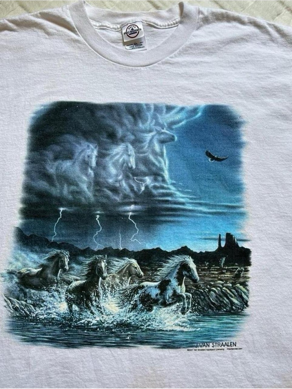 Vintage Western White Graphic Tee with Blue Storm Horse Scene XXL